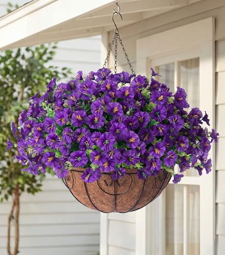 Artificial Fake Hanging Flowers Plants Basket for Outdoors Fall Decoration, Realistic Faux Silk Morning Glory for Outdoor Planters UV Resistant Artificial Flowers for Outside Porch Garden, Purple - color: B Purple