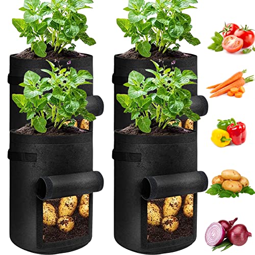 JJGoo 4 Pack Potato Grow Bags 10 Gallon with Flap, Heavy Duty Fabric with Handle and Harvest Window, Non-Woven Planter Pot Plant Garden Bags to Grow Vegetables Tomato, Black - color: Black 10 Gallon, size: 4 Pack with Window