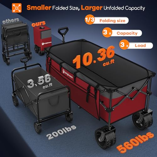 Originsure 300L Foldable Beach Wagon Cart with Big Wheels, 560lbs, Grey&Red - color: Red&grey