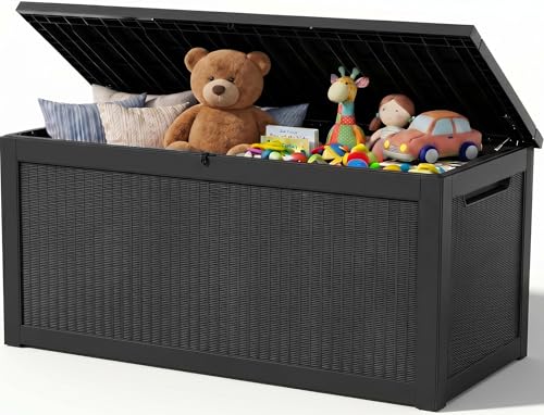 Outdoor Storage Box, 380 Gallon Waterproof Resin Deck Box with Support Rod - color: Black, size: 380 Gal
