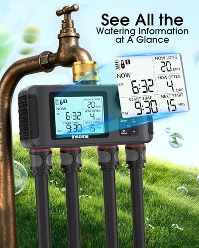 Insoma 4 Zones Sprinkler Timer with Brass Inlet, Water Timer for Garden Hose with Auto/Manual/Rain Delay Mode, Hose Timers for Irrigation Watering System for Yard, Lawn, Plant Watering