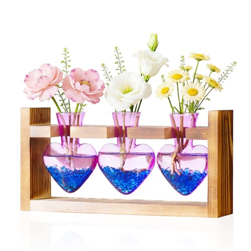 Nacome Plant Terrarium with Wooden Stand, 3 Heart Bulb Glass Vases - color: Purple