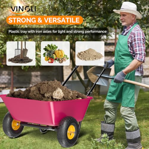 VINGLI Wheelbarrow, Plastic and Steel Wheel Barrel, Garden Cart for Lawn, Gardening, Construction (Pink) - color: Pink