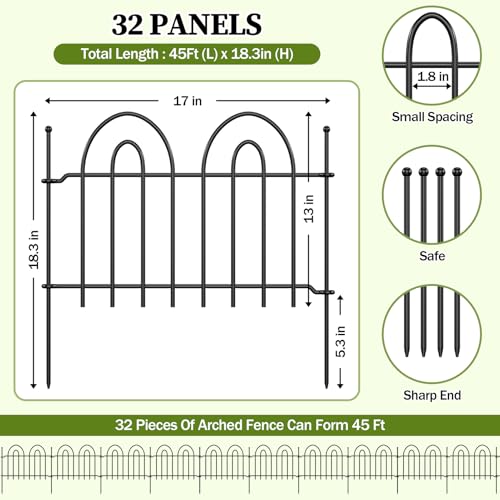 45ft x 13in Garden Fence Animal Barrier, 32 Panels Decorative Garden Fence Border, No Dig Garden Fence Panels, 1.8in Gap Metal Stakes, Ground Defense Border Fence for Outdoor, Yard, Patio