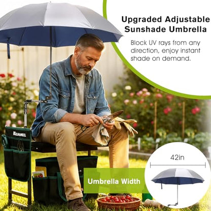 Garden Kneeler and Seat with Umbrella,Heavy Duty Gardening Bench and Stool - color: Beige & Green