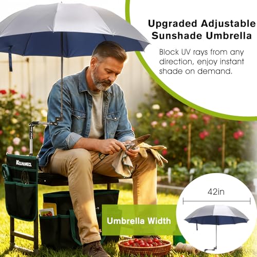 Garden Kneeler and Seat with Umbrella,Heavy Duty Gardening Bench and Stool - color: Beige & Green
