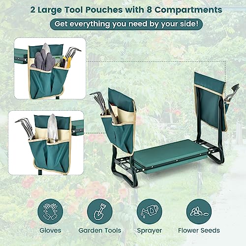 HAPPYGRILL Garden Kneeler Bench for Kneeling and Sitting, Portable Garden Kneeler Seat with 2 Large Tool Pouches, EVA Foam Kneeling Pad, Foldable Gardening Tool Bench