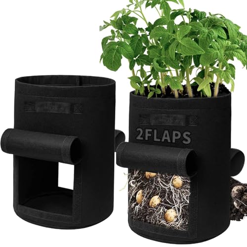 Potato Grow Bags, 2-Pack 15-Gallon Grow Bags with 2 Flaps and Reinforced Handles, Heavy-Duty Thickened 500G Aeration Fabric Pots for Potatoes, Tomatoes, Flowers, and Vegetables - color: 2 Pack, size: 15 Gallon