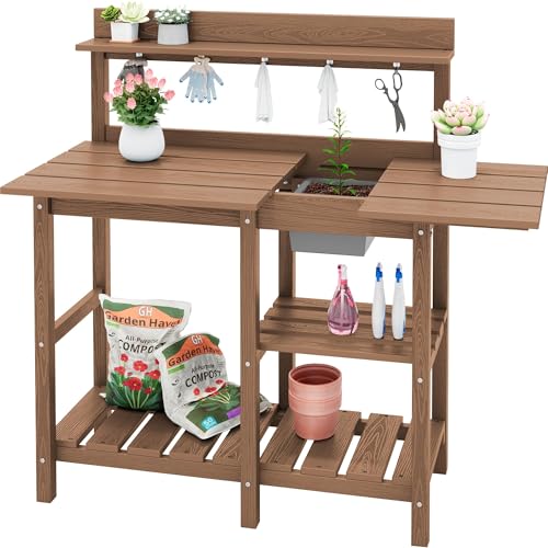 SERWALL Outdoor Potting Bench with Removable Sink,Gardening Table,Brown - color: Brown, size: Classic