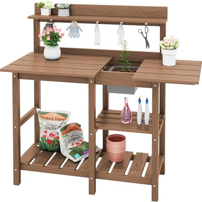 SERWALL Outdoor Potting Bench with Removable Sink,Gardening Table,Brown - color: Brown, size: Classic