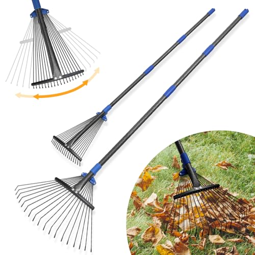 Adjustable Leaf Rake, Heavy Duty Metal Rake for Leaves, Long Handle 30"-60" with Expandable Head 8"-17", Collapsible Small Rakes for Lawns, Gardening, Yard, Camping, Shrub, Grass, Bush, Weed, Debris