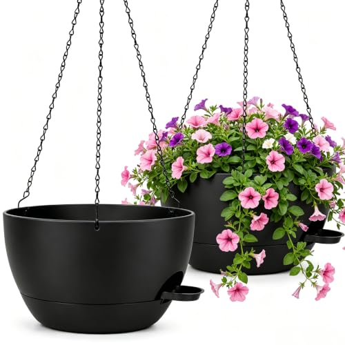 12" Self Watering Hanging Planters with Chains, Black, 2 Pack - color: Black, size: 2 pack 12 inches
