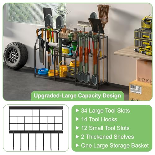 keomaisyto Garden Tool Organizer, Heavy Duty Yard Tool Tower Rack for Garage Organization and Storage, 3 Tier Utility Garden Tool Rack with hooks for Garden/Shed/Garage/Yard/Basement/Lawn - size: XXL-48.45"W x 11.42"D x 30.32"H