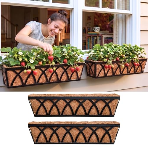 LaLaGreen Wall Hanging Planters (2 Pack, 30 Inch) Balcony Fence Planter with Coco Liner, Metal Window Planter Box Attach House Outdoor Flower Basket Plant Holder Rail Railing Deck Porch Horse Trough - size: 30" (76cm) x 2 Pack