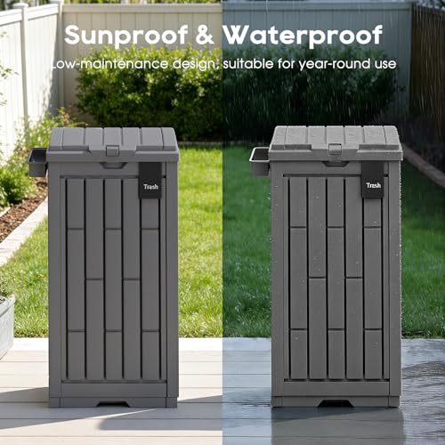 FDW 30 Gallon Outdoor Trash Can with Lid, Waterproof PP Resin Garbage Bin with Ashtray & Removable Tray, Modern Outside Waste Can for Patio, Garden, Balcony, Backyard - size: 30G
