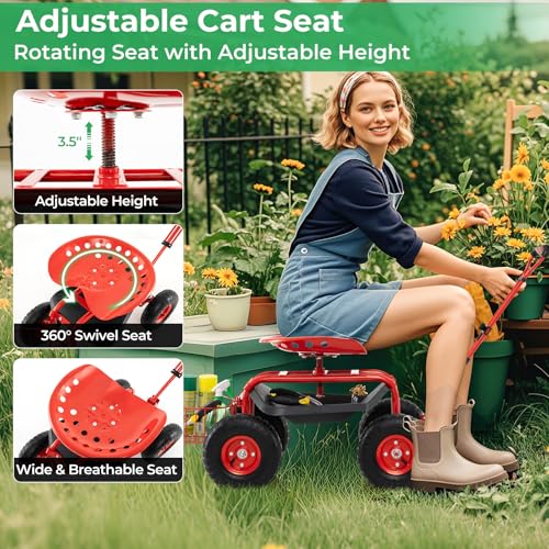 Garden Seat with Wheels, Rolling Stool with Extendable Handle, Storage Basket & Tool Tray, Garden Scooter with 360 Degree Swivel Seat for Outdoor & Yard (Red) - color: Red