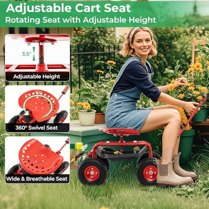 Garden Seat with Wheels, Rolling Stool with Extendable Handle, Storage Basket & Tool Tray, Garden Scooter with 360 Degree Swivel Seat for Outdoor & Yard (Red) - color: Red