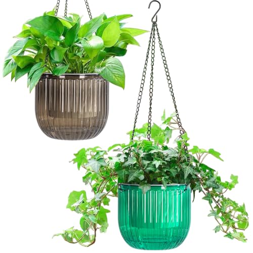 Melphoe 2 Pack Self Watering Hanging Planters Indoor Flower Pots, 6.5 Inch Outdoor Hanging Plant Basket, Hanger with 3Hooks Drainage Holes for Garden Home (Emerald + Gray) - color: Emerald+gray, size: 6.5''+6.5''