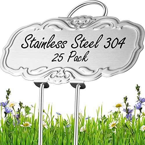 Updated Metal Plant Labels for Garden, 25 Pack Stainless Steel DIY Plant Markers Waterproof for Flowers, Vegetables, Seedlings - color: Silver