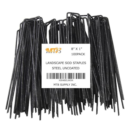 100 Pack 8x1 inch 11GA(0.12inch) Landscape Staples Garden Stakes Fence Netting Pins Ground Spikes Sod Cover Fabric Pegs Steel Uncoated - size: 8"x1" 11GA Black 100Pack
