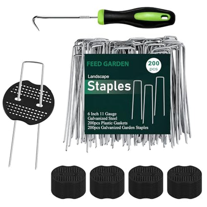 FEED GARDEN Landscape Staples 6 Inch 200 Pack Kit, Heavy Duty 11 Gauge Hot-Dip Galvanized Garden Stakes with 200 Gaskets & 1 Pick Hook for Weed Barrier, Landscape Fabric, Sod, Turf & Garden Edging