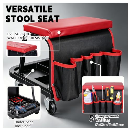 Rolling Mechanic Garage Stool on Wheels with Side Pockets, Red - color: Red