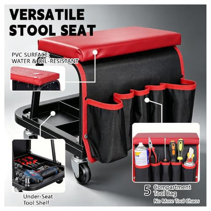 Rolling Mechanic Garage Stool on Wheels with Side Pockets, Red - color: Red