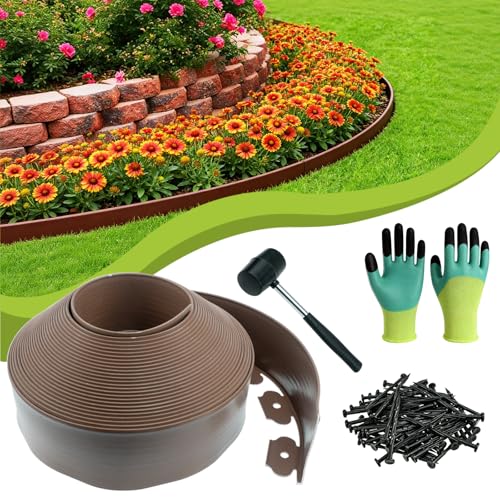 4" x 66' No Dig Landscape Edging, Garden Edging Border with 100 Spikes, Hammer & Gloves, Tool-Free HDPE Lawn Edging Kit for Garden Yard Flower Beds Pathway Landscaping Project - color: Brown, size: 4in x 66ft
