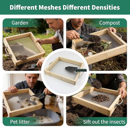 Soil Sifter for Gardening Dirt Sifter with 0.12 inch Metal Wire Mesh Sifting Screen Wood Rocks Sifter with Handle Screen Compost Sifter Garden Essentials（12.5x11.4 in） - size: 0.12 inch aperture
