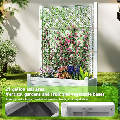 EasyUp Raised Garden Bed with Trellis for Climbing Plants, Outdoor Herb Planter Box with Drainage Plug & Water Gauge, Durable Resin for Patio, Balcony, Yard, Dust-Proof Garden Planter