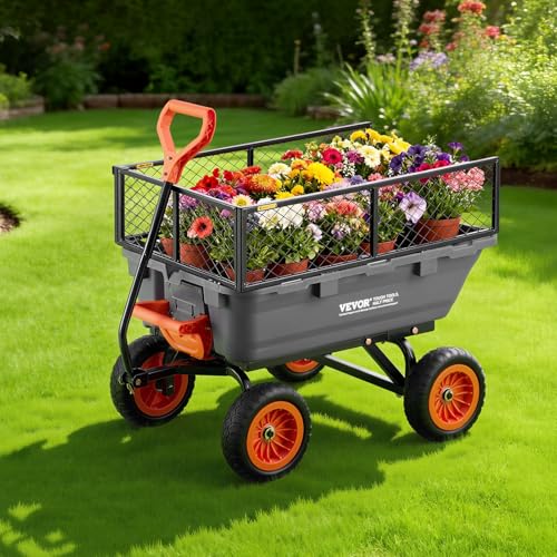 VEVOR 800LBS 7 CU.FT Poly Garden Cart Dump Wagon, Heavy Duty 4 Wheel Wheelbarrow with 10" Flat Free Tires, Yard Cart Dump Wagon with Removable Raised Sides and Quick-Release System - color: Grey01
