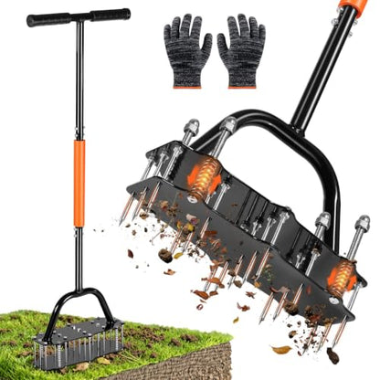 Manual Lawn Aerator Tool with 17 Spikes, Soil Aerating Tool with Gloves