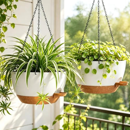 12" Self Watering Hanging Planters with Chains, White Brown, 2 Pack - color: White Brown, size: 2 pack 12 inches