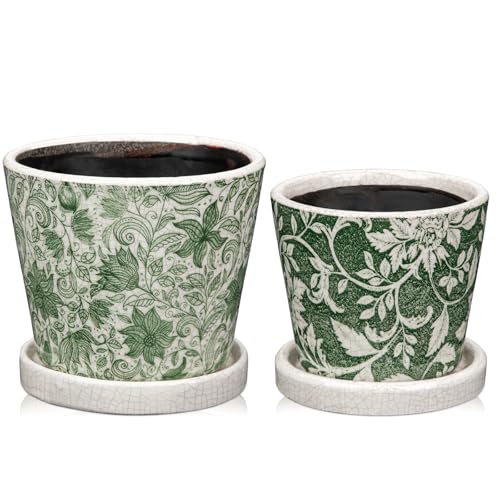 Set of 2 Ceramic Green Plant Pots with Drainage Hole and Saucers, Vintage Farmhouse Accent Planters for Indoor Plants, Round Flower Pots Rustic Succulent Cactus Pots Terracotta Tubs 5.7/4.7 Inch - color: Forest Green