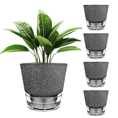 2024 Upgraded 5 Pack 6-Inch Self-Watering Planter Pots with Deep Reservoir for Indoor and Outdoor Plants with Planting Tools (Frosted Black) - color: Frosted Black