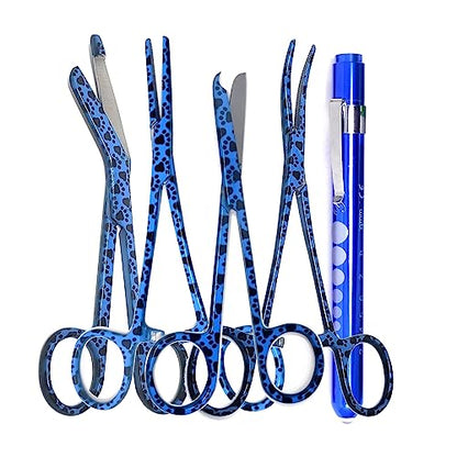 5 pc Bandage Scissors 5.5", Stitch Scissors 4.5", Hemostat 5.5" Straight & Curved, Diagnostic Penlight Made of Premium Quality Stainless Steel - For Training Emergency Supplies & First Aid Kit (Blue) - color: Blue
