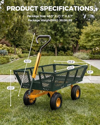 900 Lbs Heavy Duty Steel Garden Cart, Outdoor Metal Garden Wagon On Wheels, Utility Yard Cart with Mesh Removable Sides(Convert to Flatbed) and Removable Handle to Wheel Barrow, Green - color: Light Green