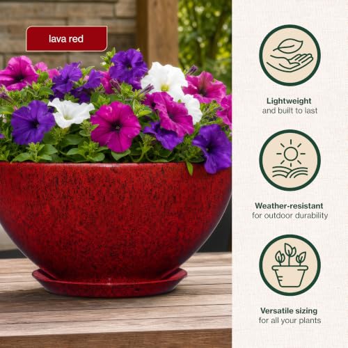 Rosie Planter Bowl, with Drainage and Saucer, 10” Lava Red - color: Lava Red