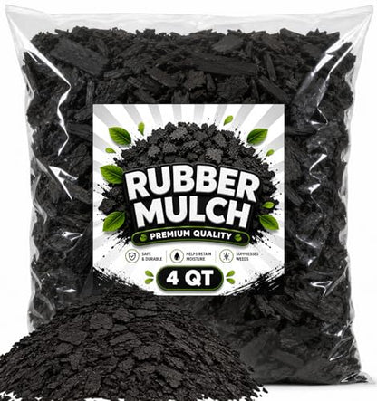 Premium Black Rubber Mulch 4 QT – Long Lasting Decorative Landscaping Ground Cover, Recycled Rubber Chips for Gardens, Flower Beds, Plants & Pathways, Fade Resistant Outdoor Mulch