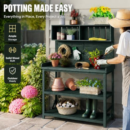 Garden Potting Bench, 65 Inch Wooden Patio Workstation with Storage (Greeen) - color: Greeen