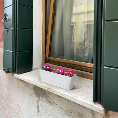 GREANER Herb Planter with Tray, 1 Pack 12x3.8 Inch Rectangle Window Box, Indoor Succulent Flowers Succulent Plastic Pot for Windowsill, Garden, Balcony, Office Outdoor Decoration - White - size: 1Pack/12x3.8in
