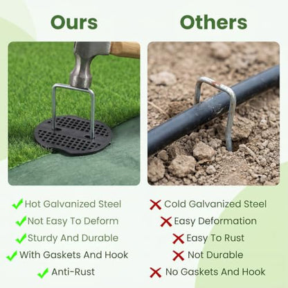 200PCS Garden Stakes Staples 6 inch Landscape Fabric Pins Lawn 100Pcs U Shaped Galvanized Staples Ground Stakes Landscaping Pins with 100Pcs Gasket for Weeds Barrier Plant Cover Decoration
