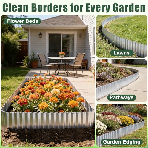FEED GARDEN Corrugated Metal Garden Edging 6 Inch x 40 FT, Heavy Duty Galvanized Steel Landscape Border with Safe Rolled Edge, Flexible Lawn Edging for Flower Beds, Yard & Walkways