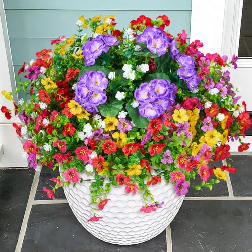 Hrobek Artificial Flowers for Outdoors Faux Plants Outside Indoor - color: 7 Color Mixed(1 Purple Geranium,3 White Boxwood,2 Red,2 Lt. Purple,2 Yellow,2 Hot Pink)