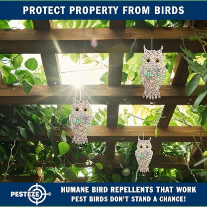 PESTEZE USA Owl Bird Deterrent Reflective Hanging Decoy Repellent with Bell, 4 Pack 6 x 13.5 in Shiny Scare Device Keep Birds Away Outdoor Porch Garden Yard Patio Protect Property