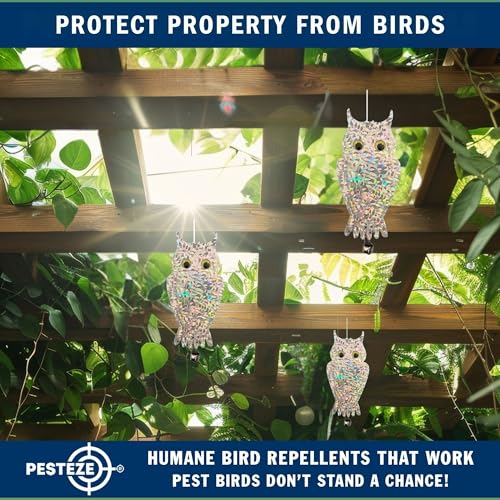 PESTEZE USA Owl Bird Deterrent Reflective Hanging Decoy Repellent with Bell, 4 Pack 6 x 13.5 in Shiny Scare Device Keep Birds Away Outdoor Porch Garden Yard Patio Protect Property