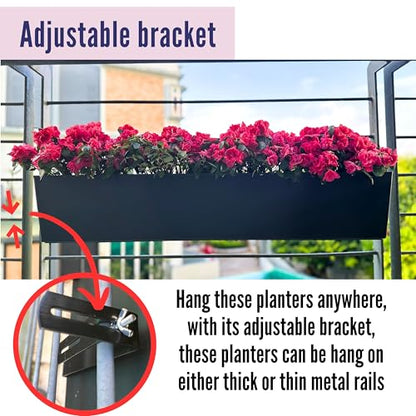 LaLaGreen Rail Planter Boxes for Outdoor (2 Pack, 40") Hanging Flower Pots with Bracket, Black Rectangular Self Watering System Deck Railing Herb Planters Outdoor Plants Container Rail Balcony Fence - color: 40" X 2 (Black)
