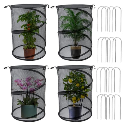 4 Pack Pop up Plant Covers Tent from Animals, 20"H X 13"D Insect Barrier Mesh Plant Guard Cover Net Black Garden Plant Protectors Mini Greenhouse Plant Protection Cage with Stakes for Outdoor Plants - color: Black