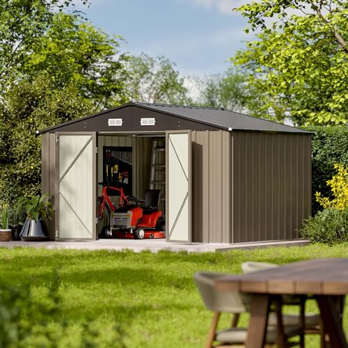 Patiowell 10 x 8 FT Outdoor Storage Shed, Large Garden Tool Metal Shed - color: Brown, size: 10x8 FT