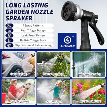 AUTOMAN-Garden-Hose-Nozzle, 2 Pack ABS Water Spray Nozzle, 7 Adjustable Watering Patterns, Slip Resistant for Watering Plants, Lawn& Garden, Washing Car, Showering Pets & Outdoor Fun.Silver Color - color: Silver